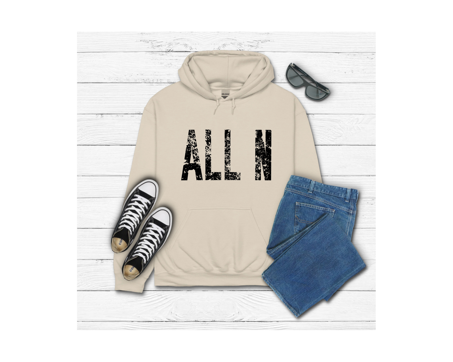 Adult Black Lettering All N Distressed Hoodie