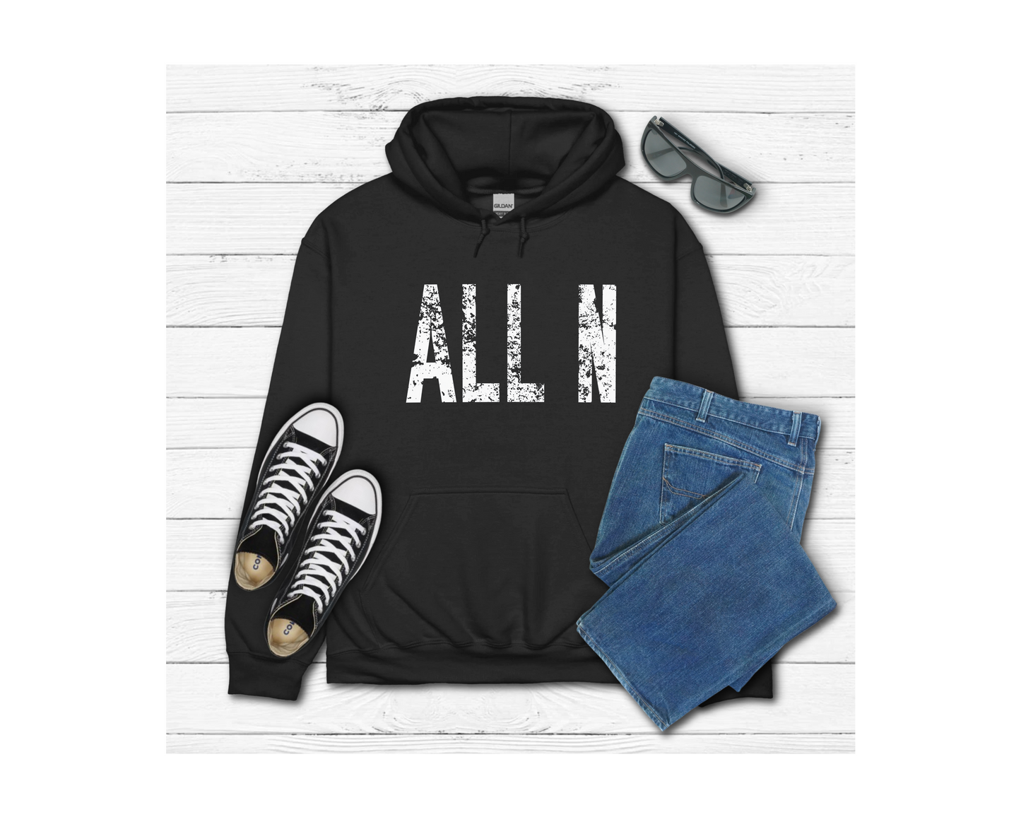 Adult White Lettering All N Distressed Hoodie