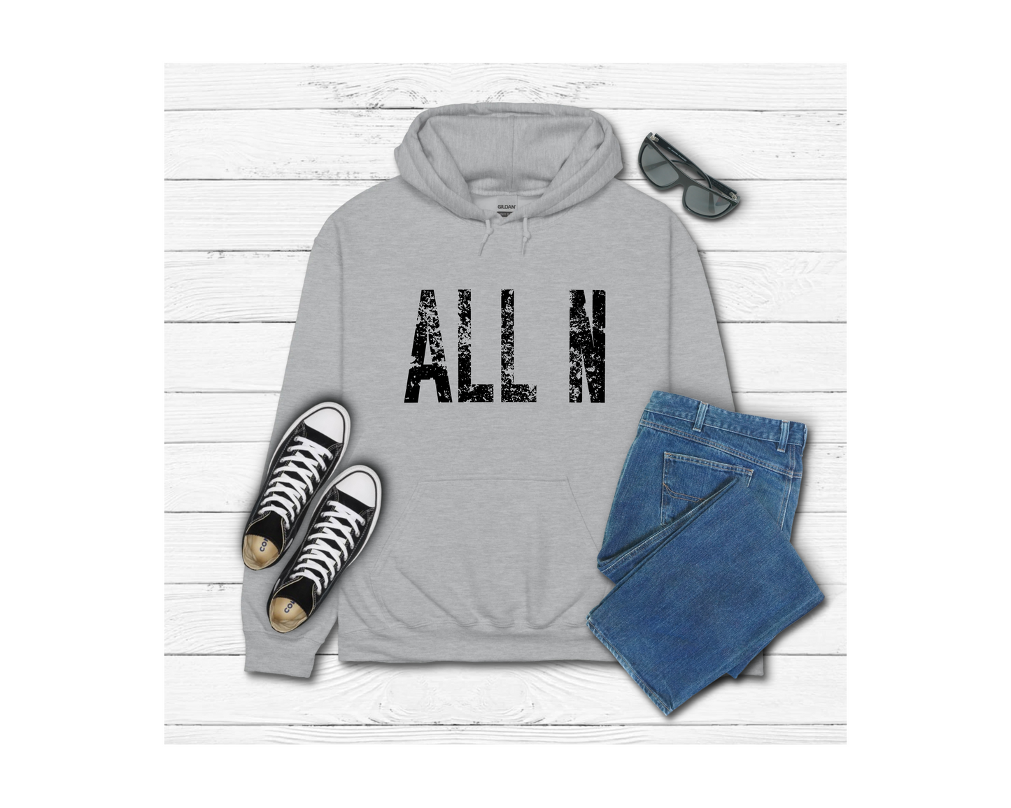 Adult Black Lettering All N Distressed Hoodie