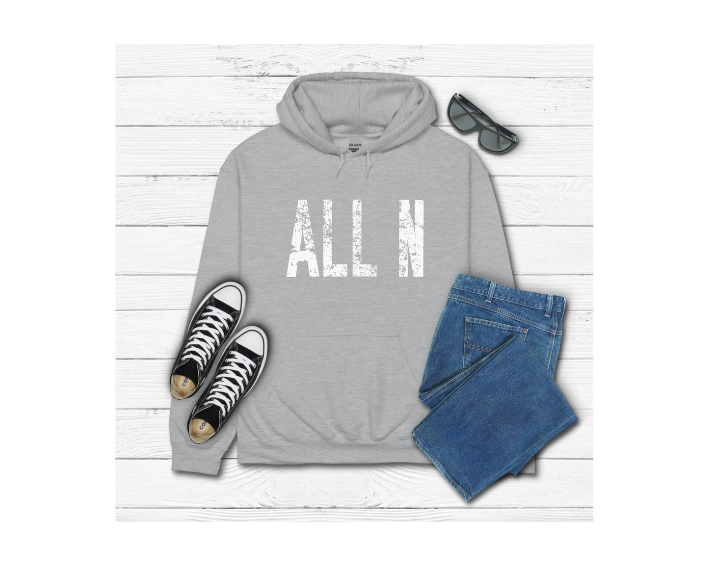Adult White Lettering All N Distressed Hoodie