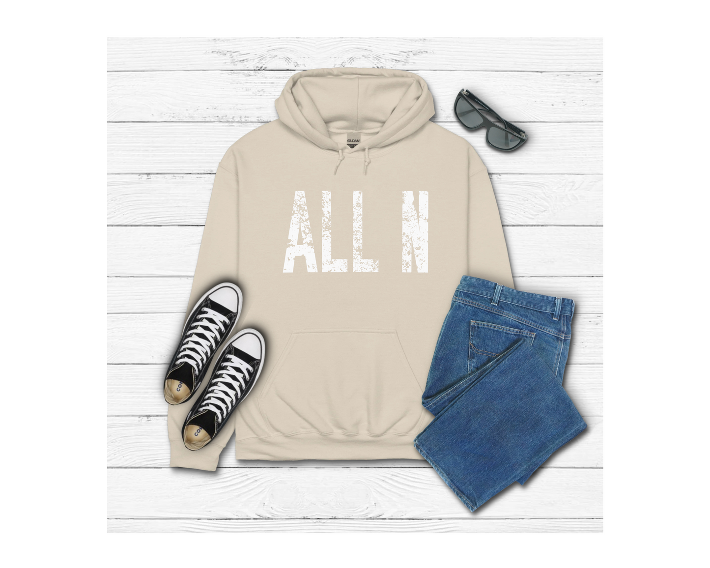 Adult White Lettering All N Distressed Hoodie