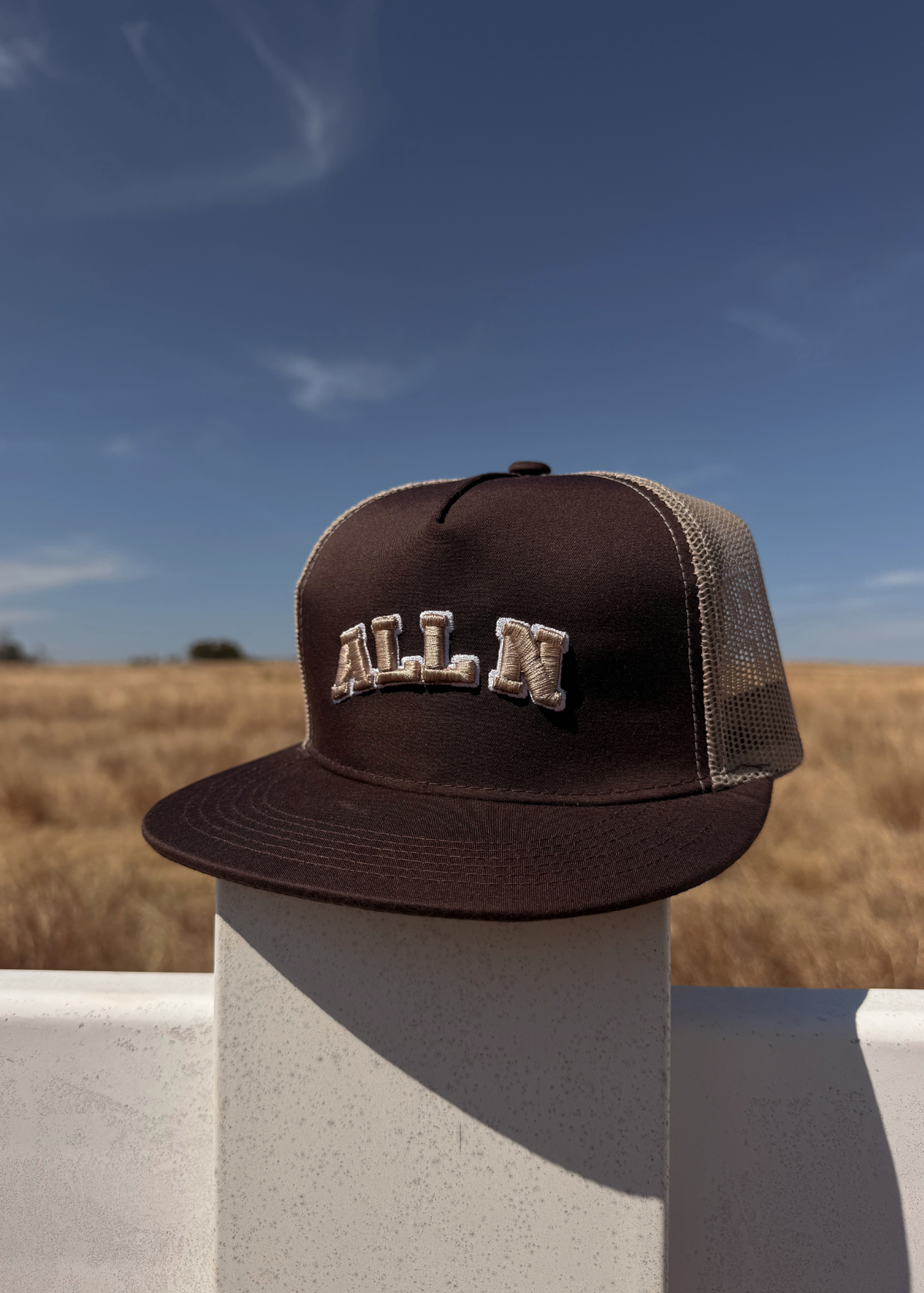 Chocolate Flat Bill w/Puff All N Varsity Lettering
